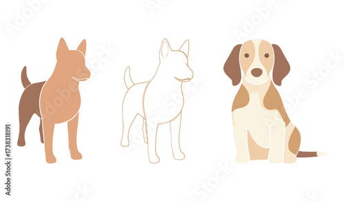 Three stylized dogs in different poses and colors on white background canine animal