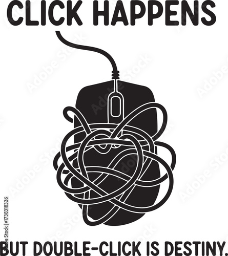 Computer mouse with tangled wires text design on transparent background silhouette