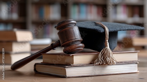 A concept of legal education and justice, with a judge's gavel and mortarboard on books in a university library, symbolizing the pursuit of law and jurisprudence.