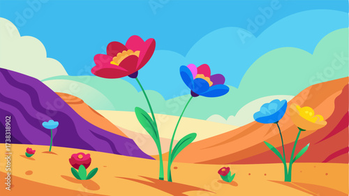 Brightly colored flowers dot the landscape of the windswept desert their tenacity to bloom in such an unforgiving environment a symbol of hope and resilience.