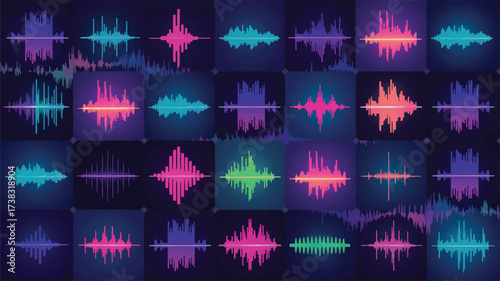 Collage of Colorful Sound Waveforms on Dark Blue Grid Background audio music