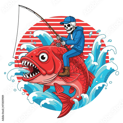 Skeleton angler rides fierce red fish through crashing waves, dynamic ocean scene with Japanese sun motif