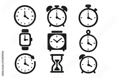 Clock and time icon set. Simple flat vector pictograms. Wall clock, alarm, stopwatch, timer, wristwatch, hourglass. Symbol of time management, deadline, schedule, watch.