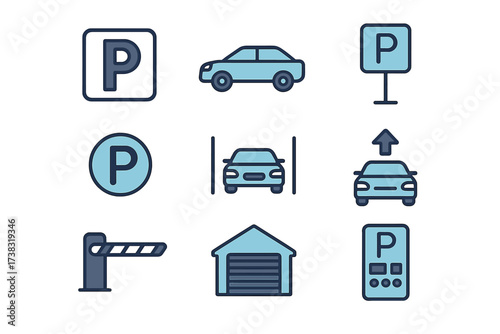 Set of car parking icons. Includes symbols for a parking lot, garage, barrier, and payment meter. Vector graphic signs for automobile transport, traffic information, and park zones.