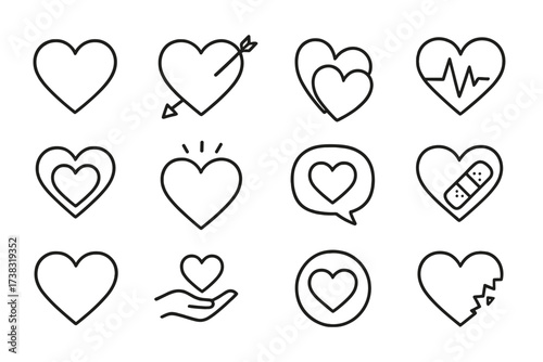 Heart icons set for Valentine's day. Love, romance, relationship concept. Health, cardiology, EKG pulse. Broken heart, healing with bandage. Charity, giving love symbol.
