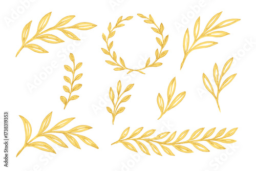Golden laurel wreath and branches set. Hand drawn watercolor illustration. Elegant decorative elements for award, wedding invitation, certificate. Luxury vintage floral design.