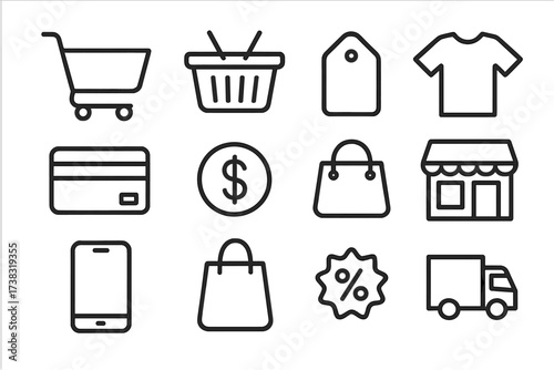 Shopping and e-commerce line icon set. Vector symbols for online store, retail, and sales. Includes cart, basket, bag, payment, delivery truck, and discount percentage.