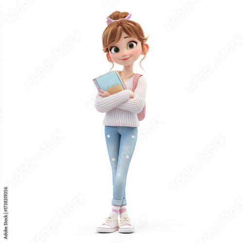 3D Cartoon Girl with Notebook