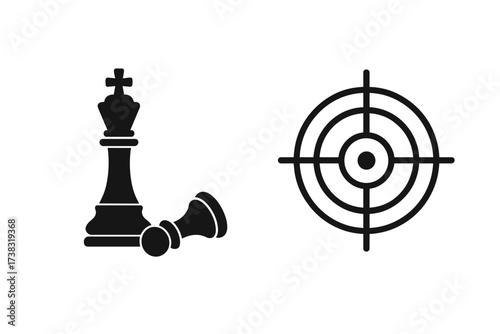 Checkmate vector concept. Chess king over fallen pawn with target symbol. Business strategy, success, goal achievement metaphor. Victory, leadership, and competition icon.