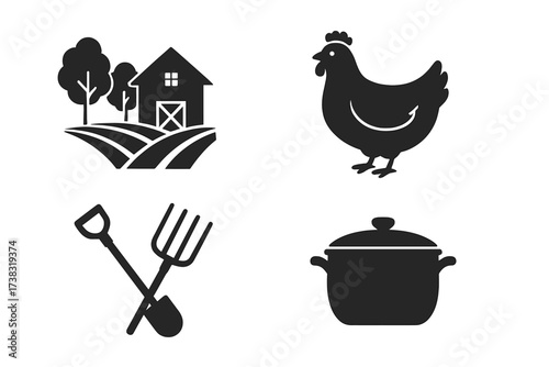 Homestead and agriculture icon set. Farm life symbols including barn, chicken, and gardening tools. Concept for self-sufficiency, organic farming, and farm-to-table lifestyle.