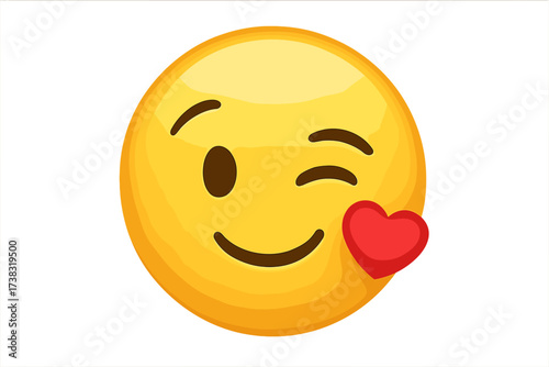 Winking face with heart emoji. Flirting emoticon sending kiss. Love and romance. Cute cartoon smiley character. Affection symbol. Vector illustration. Isolated happy expression.