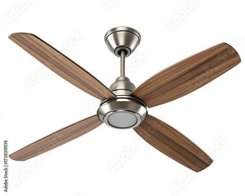 A modern ceiling fan with four wooden blades and a brushed nickel motor, isolated on transparent background