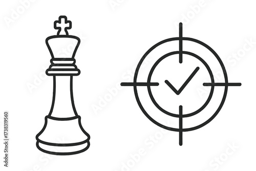 Business strategy icon set with chess king and target. Concept of checkmate, goal achievement, success, and victory. Strategic planning and mission accomplished vector symbol.