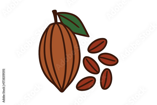 Cocoa pod and cacao beans vector icon. Isolated graphic illustration of raw chocolate fruit ingredient. Natural organic food for dessert. Sweetness and agriculture concept.