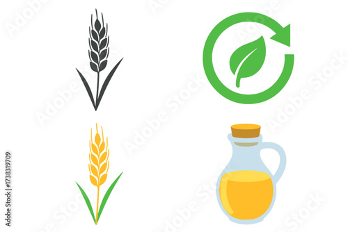Set of agriculture and food icons. Wheat ear, eco friendly leaf logo, and cooking oil bottle. Vector symbols for natural, organic, farm fresh products. Cereal and olive oil.