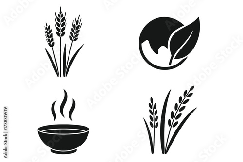 Set of agriculture and food icons. Wheat, rice, grain stalk. Natural eco logo with leaf. Hot food in a bowl. Vector glyphs for farm, organic food, harvest, cooking concepts.