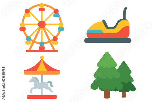 Amusement park flat icon set. Vector collection of entertainment and recreation symbols. Ferris wheel, carousel, bumper car, and forest pine trees. Carnival funfair elements.