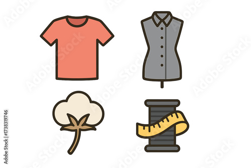 Fashion and garment vector icon set. Clothing production symbols. T-shirt, shirt on mannequin, cotton plant, sewing thread. Tailoring, dressmaking and apparel design concept.