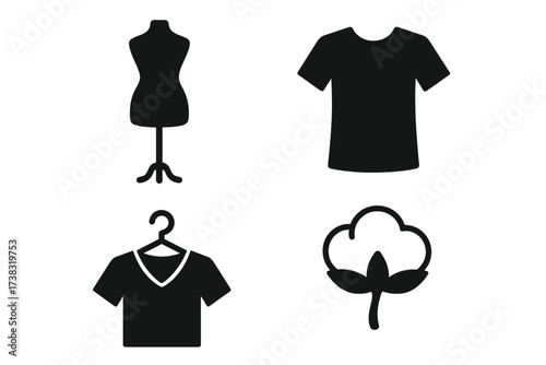 Fashion and garment vector icon set. Clothing industry symbols. Mannequin, T-shirt, hanger, and cotton plant. Isolated graphic elements for apparel, textile and retail design.