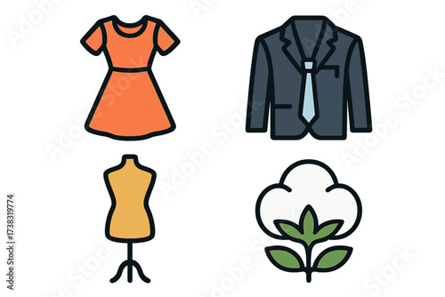 Fashion and garment icon set. Vector collection of clothing symbols for web. Dress, suit, mannequin and cotton plant. Isolated illustration for textile and apparel design.