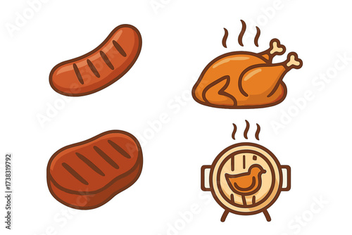Grilled food icon set vector illustration. Barbecue meat collection with sausage, steak, and roasted chicken. BBQ party and cookout elements for graphic design, isolated.