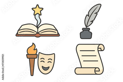 Literature and storytelling icon set vector. Creative writing and theatre symbols. Magic book with star, feather quill and ink, drama mask with torch, and historic parchment scroll.