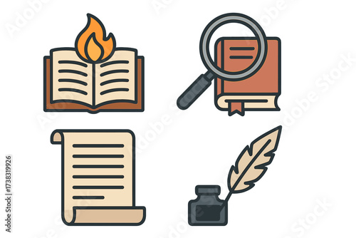 Writing and storytelling vector icon set. Concepts for literature, history, education, research. Includes open book with flame, magnifying glass, manuscript scroll, quill pen, inkwell.
