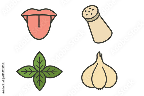Taste and seasoning color icon set. Flavor perception symbols collection. Tongue, salt shaker, basil leaves, garlic. Food ingredients and cooking concept. Vector isolated illustration.
