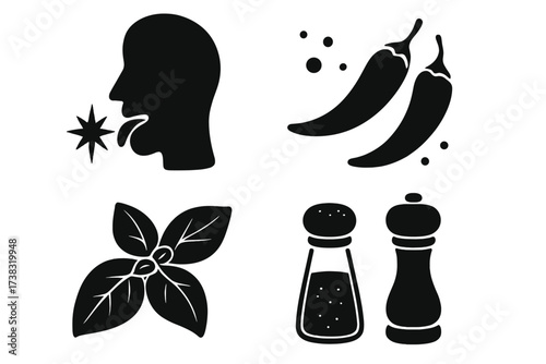 Taste and seasoning icon set. Flavor glyphs with chili pepper, herb, salt and pepper. Food tasting, cooking concept. Spicy, savory sense symbols for web. Vector illustration.