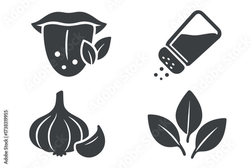 Taste icon set. Flavor and seasoning symbols. Tongue, salt shaker, garlic, and herb leaves. Food and cooking ingredient vector illustration. Organic spice collection. Gastronomy.