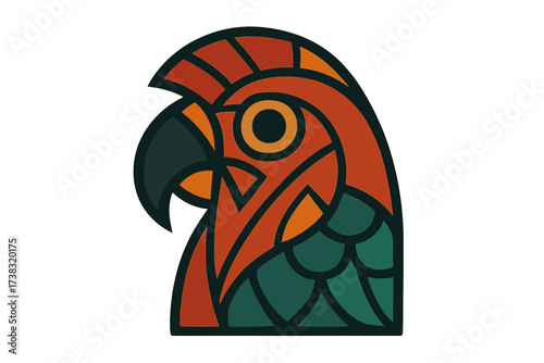 Stylized geometric parrot head vector illustration. Tribal bird design icon. Abstract macaw or cockatoo logo concept. Modern exotic animal emblem or mascot for print design.