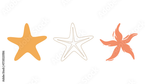 A set of three stylized starfish in orange coral and tan ca colors on a white background. sea star ocean