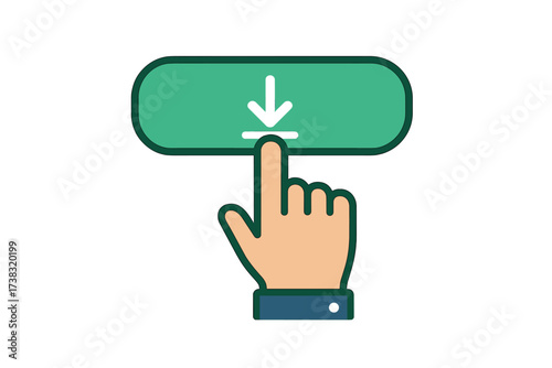 Vector download button with a hand pressing it. Finger clicking to save a file or install software. Web icon for getting data online. User interface element. Flat design.