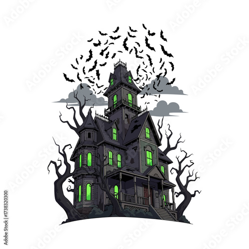 Spooky Haunted House Vector Art with Glowing Windows and Bats, Cinematic Perspective, Flat Style, High Detail