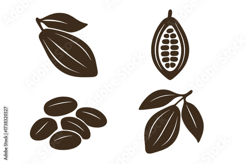 Cocoa beans and pods vector icon set. Raw cacao fruit, leaf, and seed collection for chocolate production. Natural organic sweet food graphic symbol. Isolated illustration.