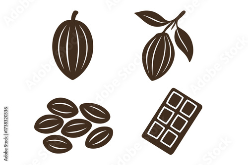 Cocoa and chocolate icon set. Vector collection of cacao pod, beans and chocolate bar. From bean to bar concept. Sweet food dessert ingredient. Natural organic sweets symbol glyph.