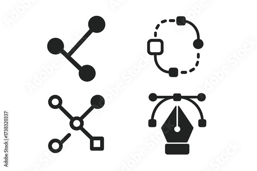 Vector graphic design icon set. Pen tool for drawing Bezier curves with anchor points. Share, network, and connection symbols for UI kit. Flat glyph style illustration elements.