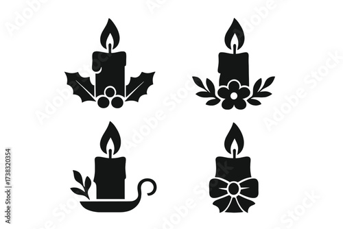 Christmas candle icon set. Vector silhouette collection. Holiday candlelight, wax flame & decoration symbol. Xmas holly berry, flower, bow & candlestick holder. Festive winter design.