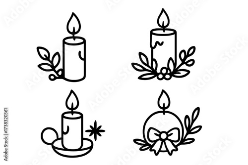 Christmas candle icon set. Vector line art collection of festive holiday candlelight symbols with holly, berry, and bow decoration. Winter celebration graphic elements.