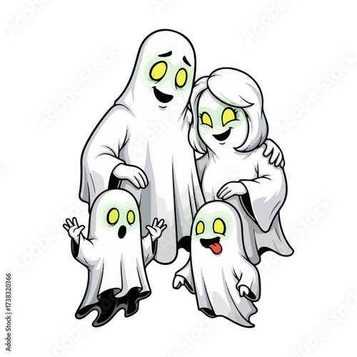 Spooky Cartoon Ghost Family with Glowing Eyes Vector Illustration