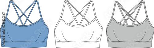 Vector sports bra fashion template, strappy back bralette design, front and back view mockup for activewear, fitness, yoga, and gym apparel