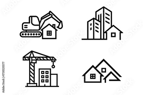 Construction building logo icon set. Real estate, property development vector symbols. Excavator, crane, skyscraper, home outline icons for corporate identity design.