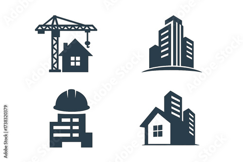 Set of construction and real estate logo icons. Vector building symbols for contractor and property development. House, crane, skyscraper and hard hat silhouette illustrations.