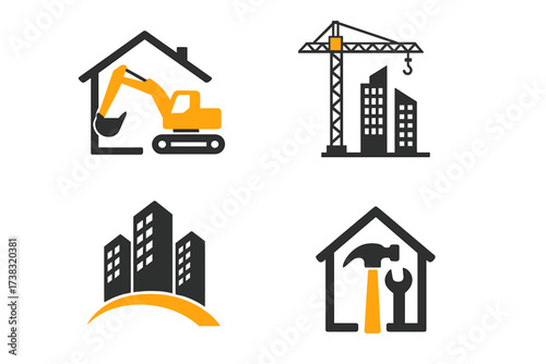 Set of construction and real estate logo icons. Vector symbols for building, home repair, renovation. Includes excavator, crane, city skyline, and tool graphics for branding.
