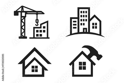 Construction and real estate vector icon set. Building logo collection with crane, city, and home renovation symbols. Property development and repair graphic design elements.