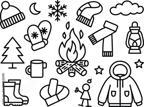 Winter bonfire doodle set with hand-drawn flames, logs, snowflakes, mittens, hats, scarves, boots, cups, and marshmallows on sticks illustration