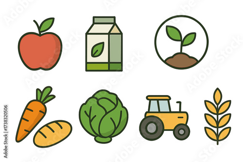 Farming and organic food vector icon set. Agriculture, harvest, and healthy lifestyle symbols. Features tractor, sprout, apple, carrot, cabbage, wheat, bread, and milk pack.