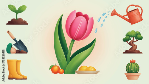 Spring gardening scene with a tulip, watering can, and various plants and tools flower