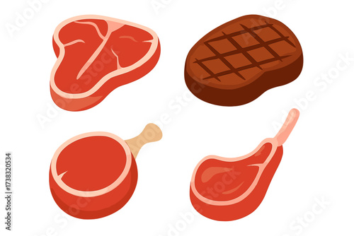 Meat vector icon set with raw and grilled steak. Fresh beef T-bone, pork chop, and lamb cuts for butcher shop or BBQ. Food illustration isolated on transparent background.