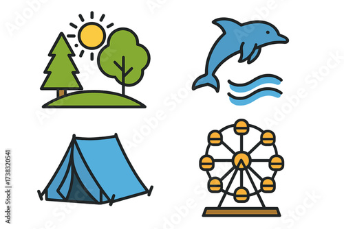 Travel and vacation icon set. Outdoor recreation and leisure symbols. Nature, camping, dolphin, and amusement park ferris wheel. Flat color line vector illustration.